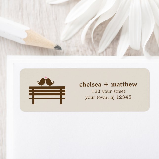 Love Birds on Park Bench Wedding Label (Insitu)