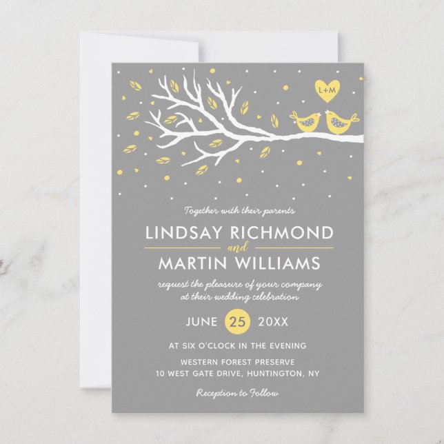 Love Birds on Tree Wedding Invitation  Yellow Gray (Front)