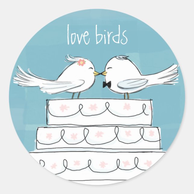 Love Birds on Wedding Cake Cute Couple Newlyweds Classic Round Sticker (Front)