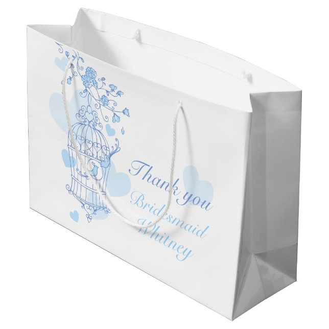 Love birds open birdcage blue wedding favor bag (Back Angled)