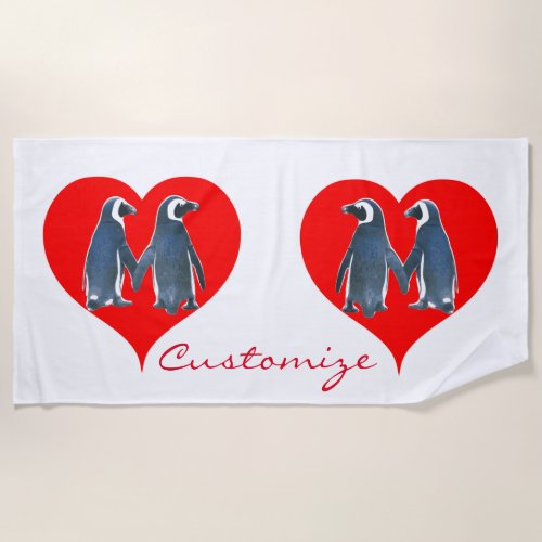 Love Birds Penguin Couple Heart  Thunder_Cove Beach Towel