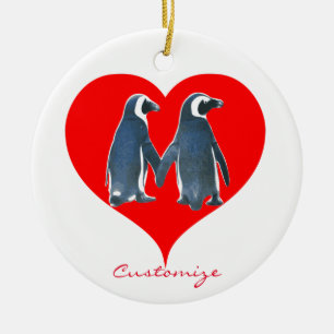 Love Birds Penguin Couple Red Heart Thunder_Cove Ceramic Ornament
