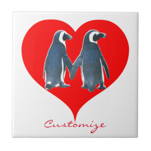 Love Birds Penguin Couple Red Heart Thunder_Cove Ceramic Tile