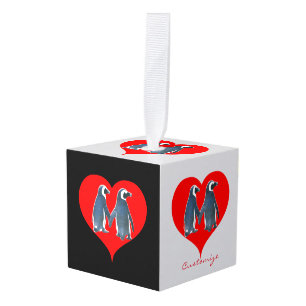 Love Birds Penguin Couple Red Heart Thunder_Cove Cube Ornament