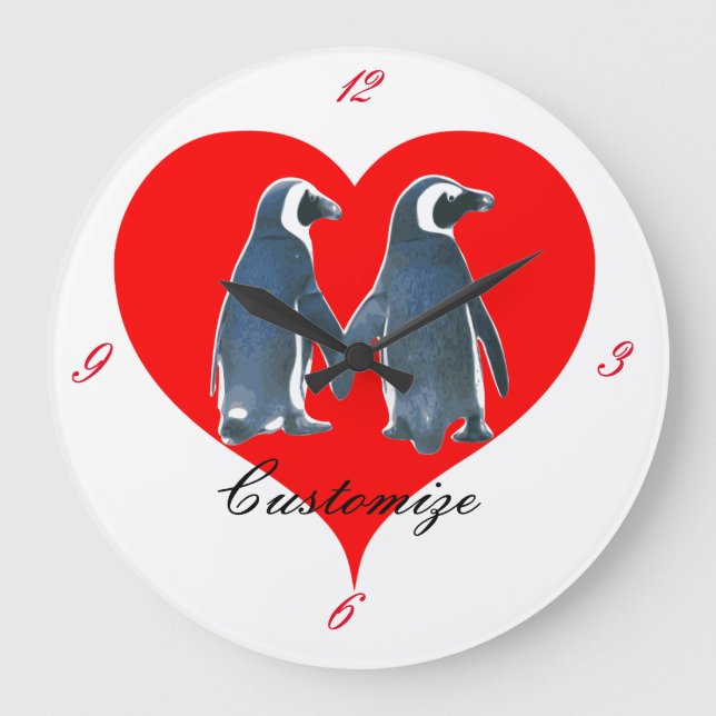 Love Birds Penguin Couple Red Heart Thunder_Cove Large Clock (Front)