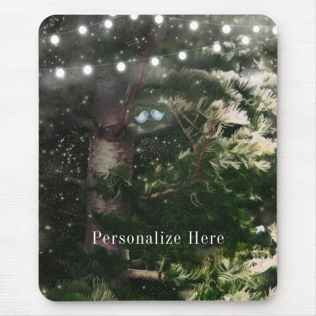 Love Birds + Pine Tree Night Rustic Personalized Mouse Pad (Front)