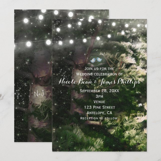 Love Birds + Pine Tree Night Wedding Invitations (Front/Back)