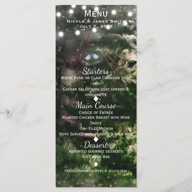Love Birds + Pine Tree Night Wedding Menu Card (Front)