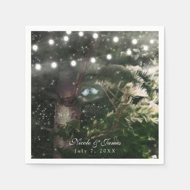 Love Birds + Pine Tree Night Wedding Reception Napkins (Front)