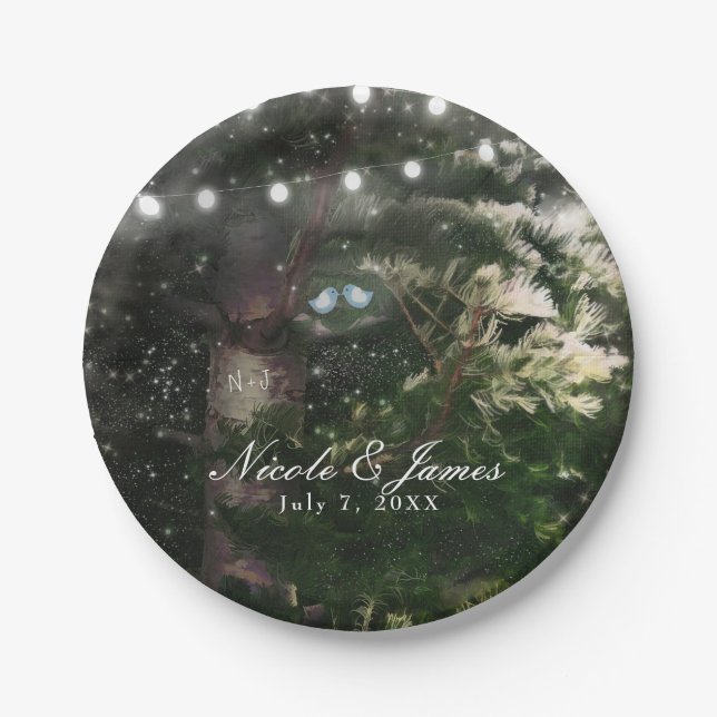 Love Birds + Pine Tree Night Wedding Reception Paper Plates (Front)