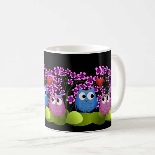 Love Birds Pink and Blue Owl Illustration Coffee Mug (Front Right)