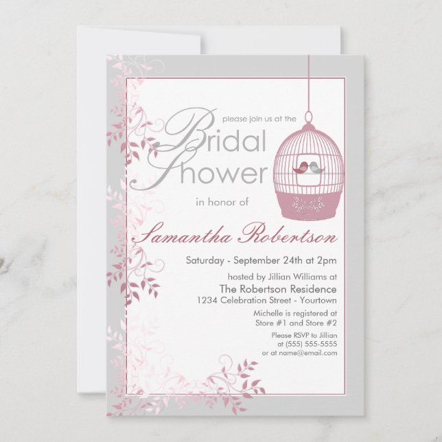 Love Birds Pink Bridal Shower Invitations (Front)