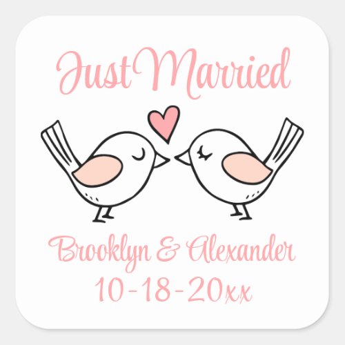 Love Birds Pink Just Married Lovebirds Wedding   Square Sticker