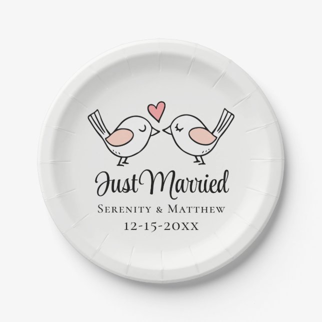 Love Birds Pink Lovebirds Just Married Wedding  Paper Plates (Front)