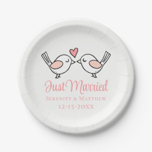 Love Birds Pink Lovebirds Just Married Wedding Paper Plates