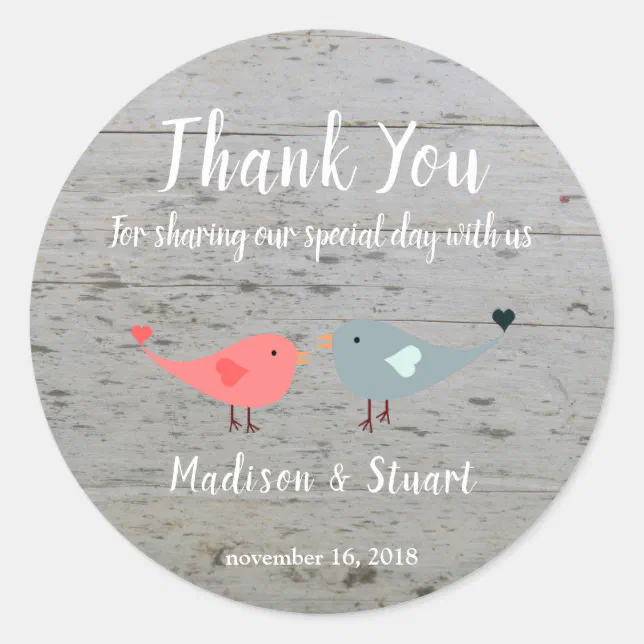 Love birds rustic wood Wedding Thank You Favor Classic Round Sticker ...