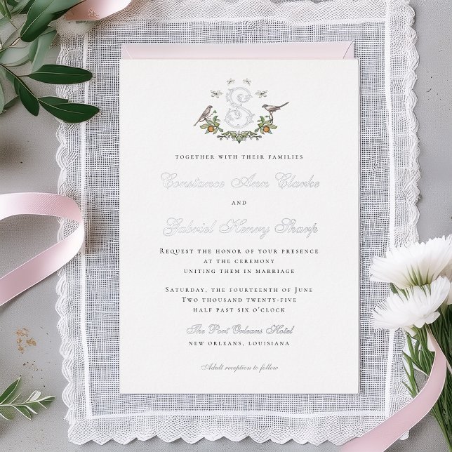 Love Birds "S" Monogram Foil Wedding Invitation (Creator Uploaded)