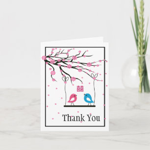 Love Birds Sakura Double Happiness Wedding Thank You Card