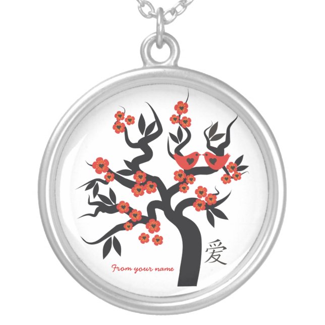 Love birds Sakura Tree Chinese Love silver pendant (Front)