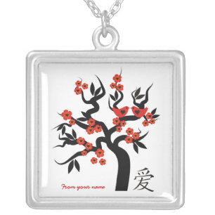 Love birds Sakura Tree Chinese Love silver pendant