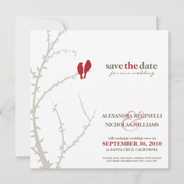 Love Birds Save the Date Announcement (red) (Front)