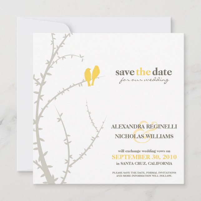 Love Birds Save the Date Announcement (yellow) (Front)