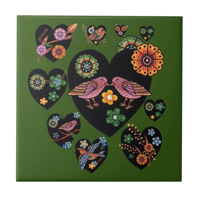Love Birds Scandinavian Folk Art Ceramic Tile (Front)