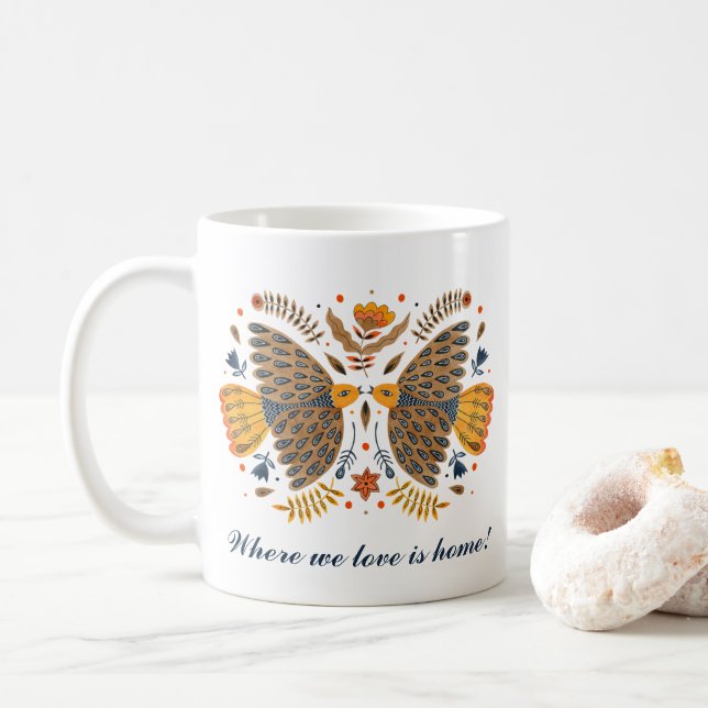 Love Birds Scandinavian Folk Art Valentine's Day Coffee Mug (With Donut)