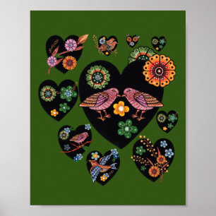Love Birds Scandinavian Folk Art Valentine's Day Poster