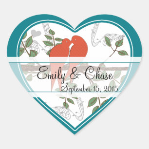 Love Birds Sitting in a Tree Teal Coral Wedding Heart Sticker