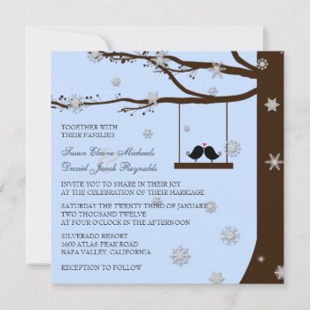 Love Birds Snowflakes Oak Tree Winter Wedding Invitation by InvitationBlvd at Zazzle