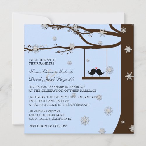 Love Birds Snowflakes Oak Tree Winter Wedding Invitation