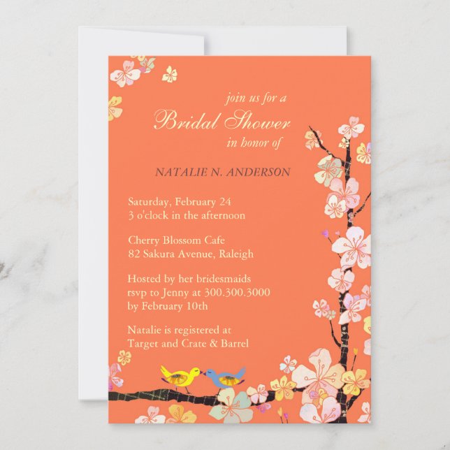 Love Birds Spring Floral Orange Bridal Shower Invitation (Front)