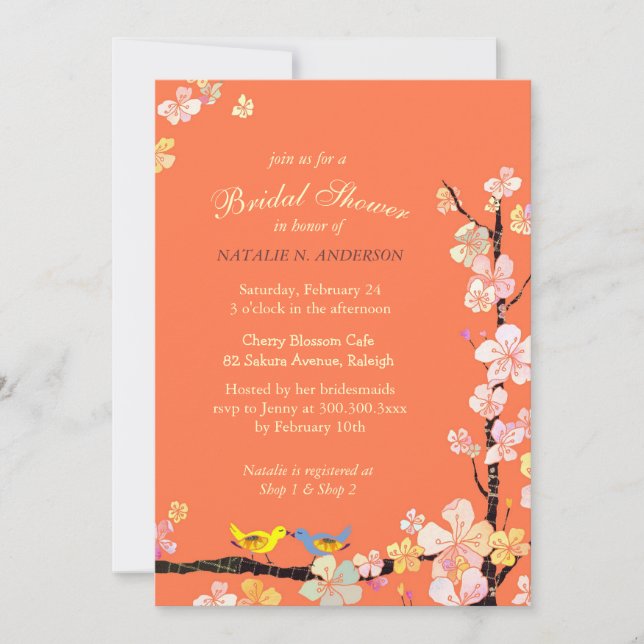 Love Birds Spring Floral Orange Bridal Shower Invitation (Front)