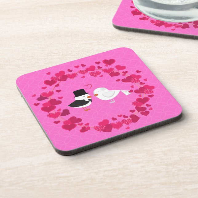 Love Birds Surrounded by Hearts on a  Beverage Coaster (Left Side)