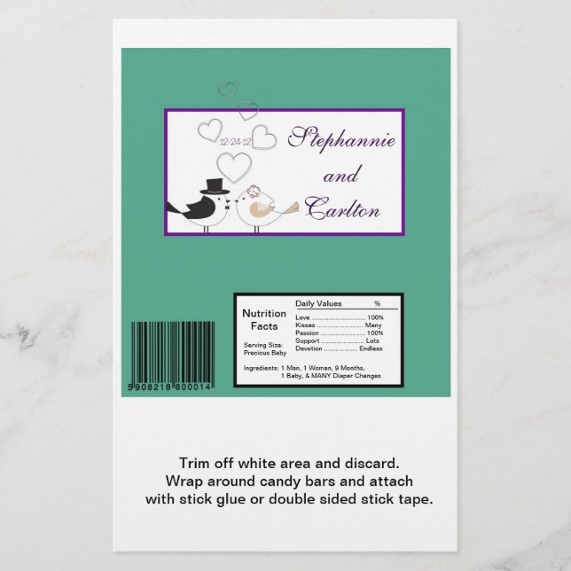 Love Birds Teal/Purple Wedding Candy Wrapper (Front)
