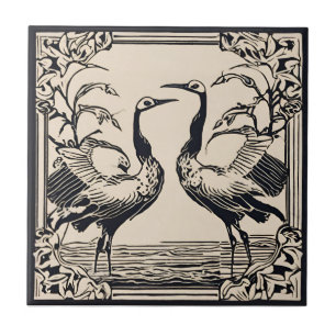Love Birds two Cranes Black Art Deco Art Nouveau Ceramic Tile