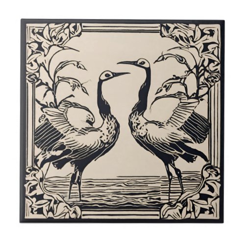Love Birds two Cranes Black Art Deco Art Nouveau Ceramic Tile