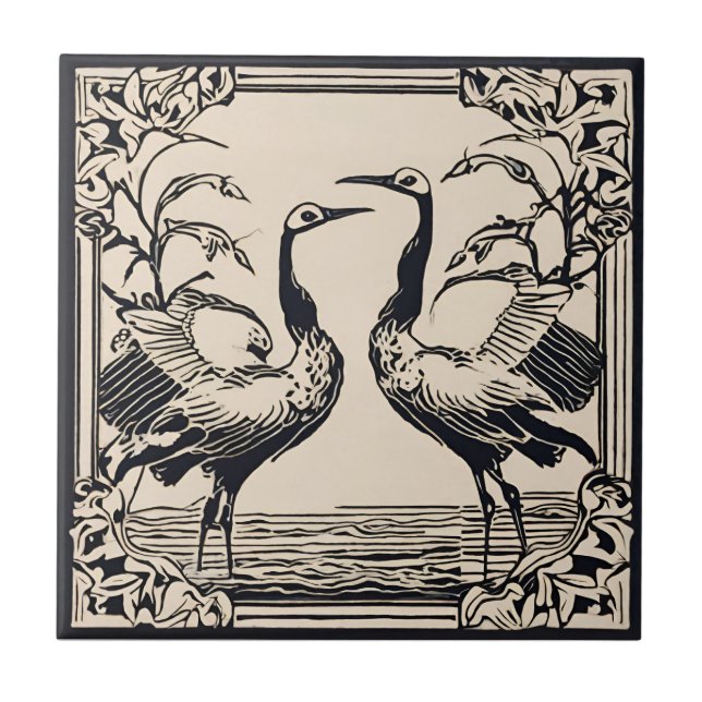 Love Birds two Cranes Black Art Deco Art Nouveau Ceramic Tile (Front)