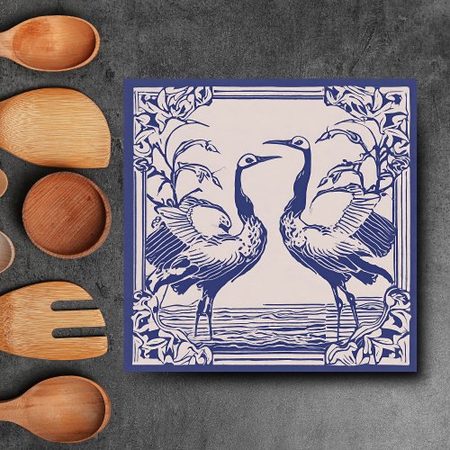 Love Birds two Cranes Blue Art Deco Art Nouveau Ceramic Tile