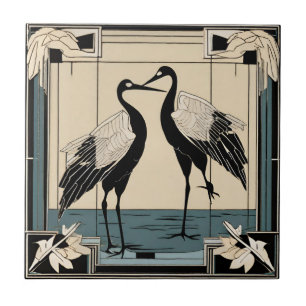 Love Birds two Cranes Blue Art Deco Art Nouveau Ceramic Tile
