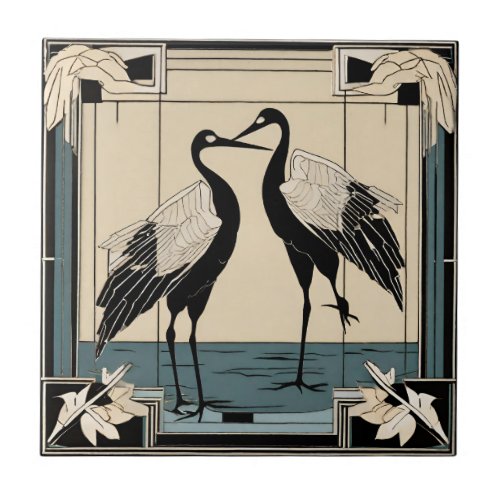 Love Birds two Cranes Blue Art Deco Art Nouveau Ceramic Tile