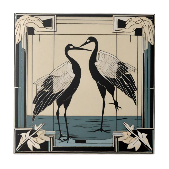 Love Birds two Cranes Blue Art Deco Art Nouveau Ceramic Tile (Front)