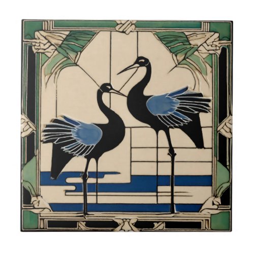Love Birds two Cranes Green Art Deco Art Nouveau Ceramic Tile