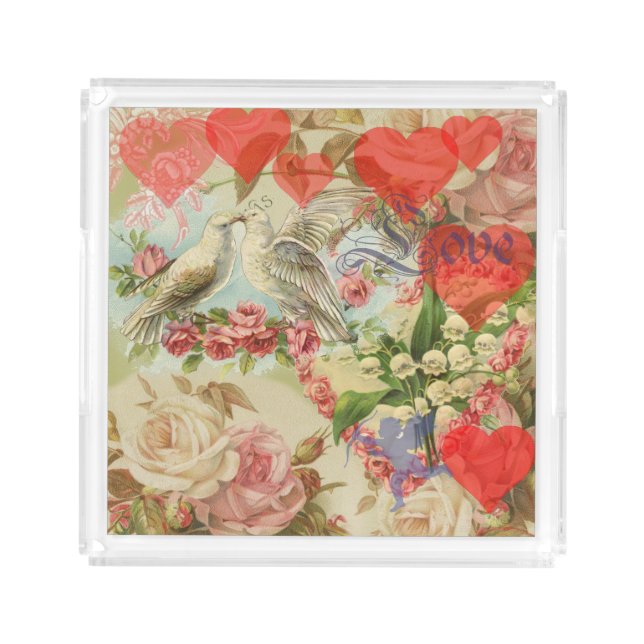 Love Birds Vintage Antique Heart Acrylic Tray (Front)