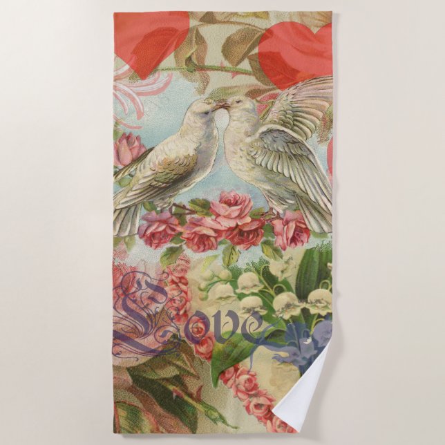 Love Birds Vintage Antique Heart Beach Towel (Front)