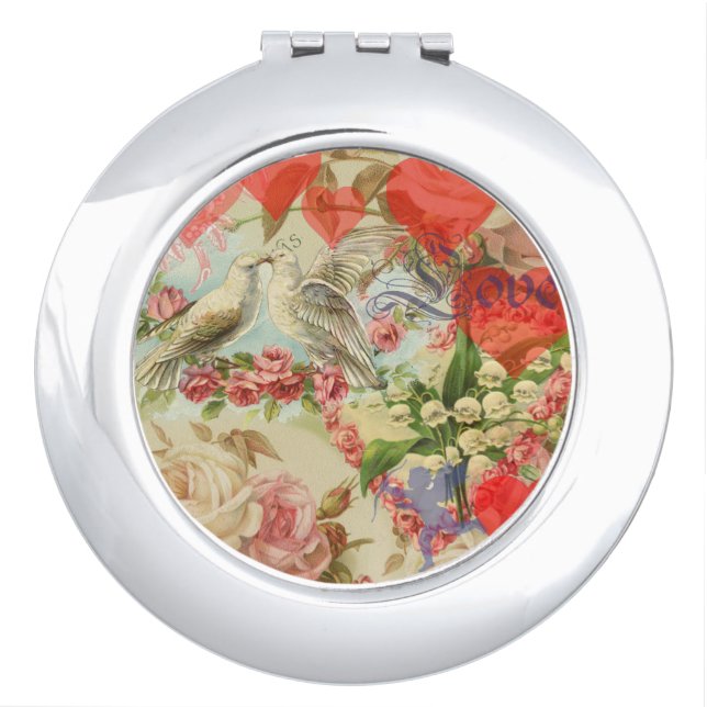 Love Birds Vintage Antique Heart Compact Mirror (Front)