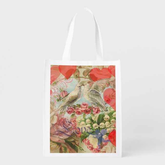 Love Birds Vintage Antique Heart Grocery Bag (Back)