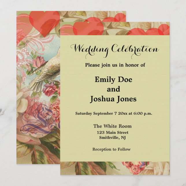 Love Birds Vintage Antique Heart Invitation (Front/Back)