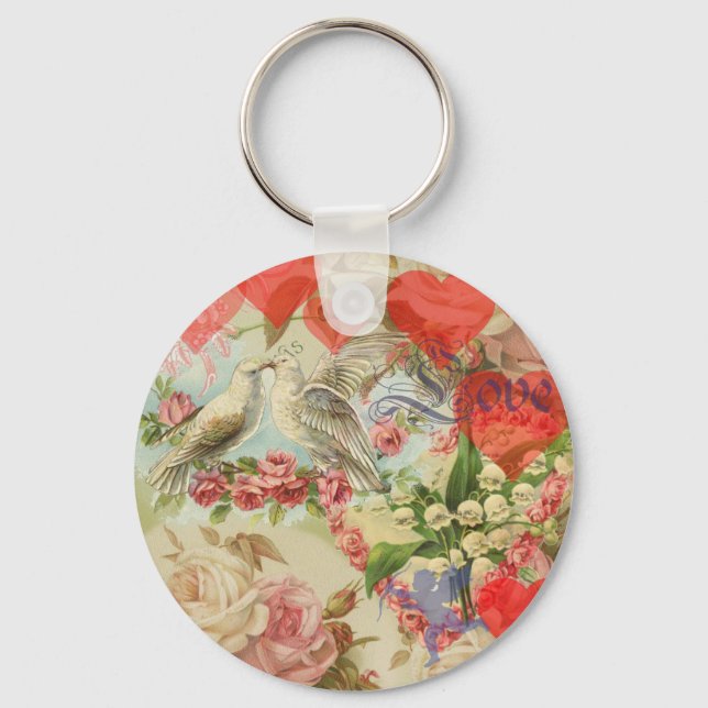 Love Birds Vintage Antique Heart Keychain (Front)